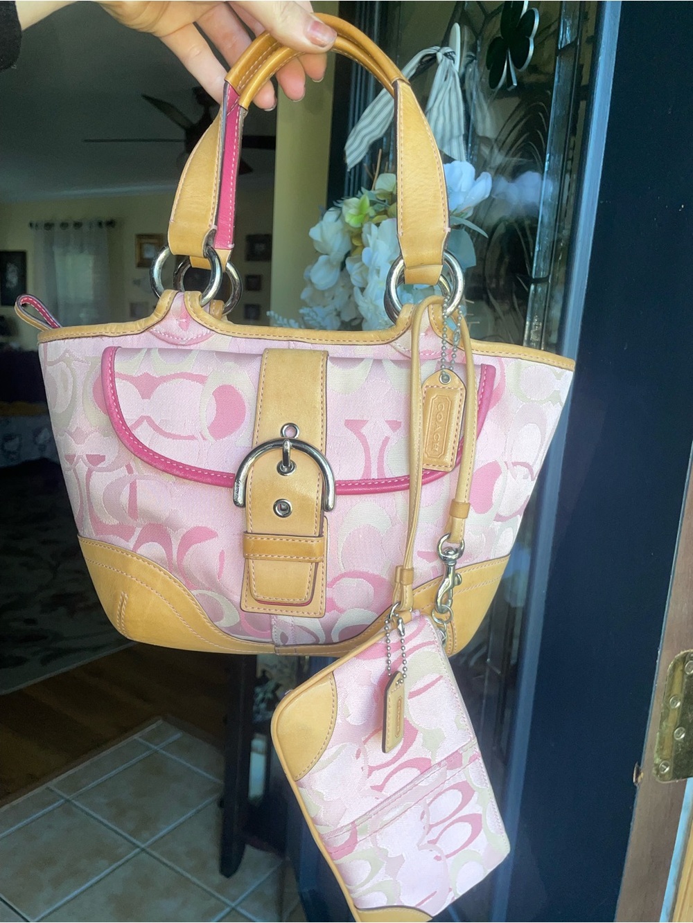 Coach soho optic pink signature and beige small tote bag with matching wristlet